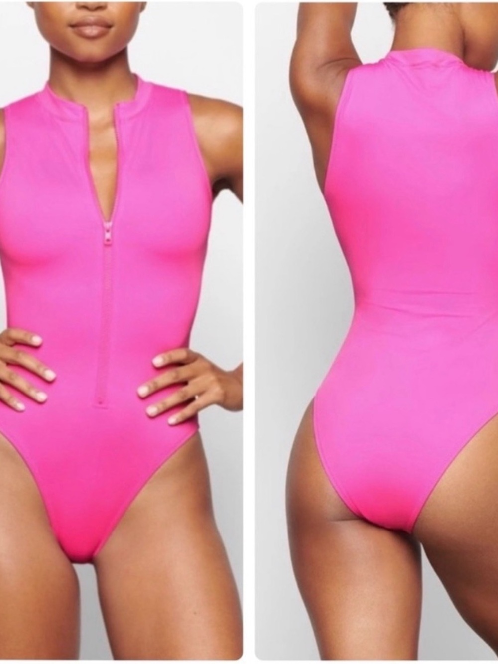 SKIMS Sleeveless Zip-Front One-Piece Swimsuit in Bright Pink